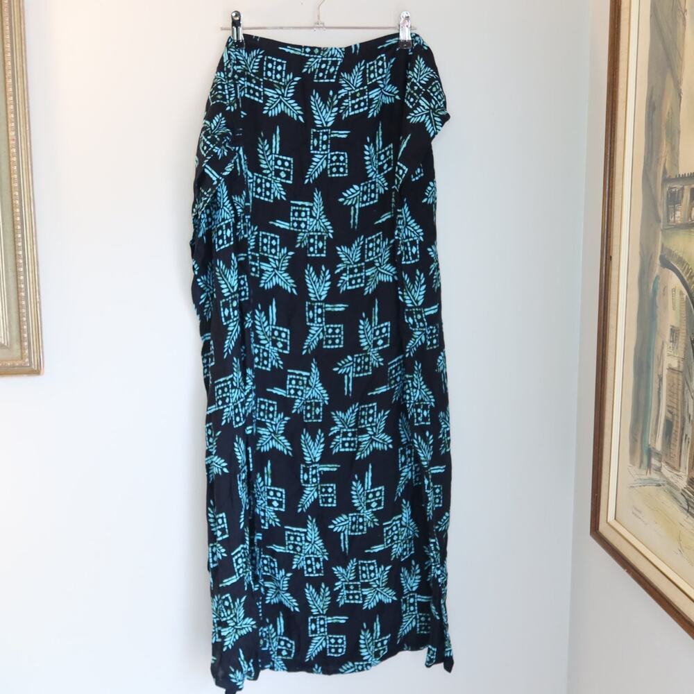 Tropical Geometric Skirt Womens L Black Turquoise Tie Waist Rayon y2k 90s boho